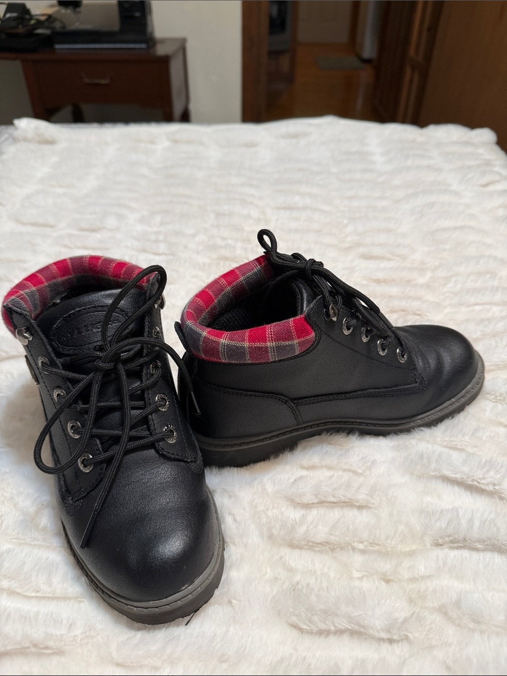 Ladies Black Lace-Up Ankle Boots with Red Plaid Collar - Picture 2 of 5